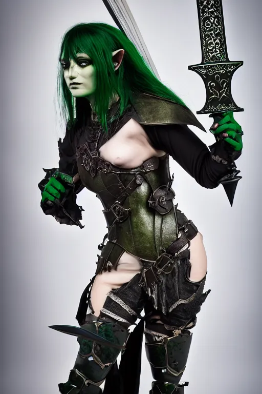 Image similar to very beautiful female orc top model, dark green hair and skin, wearing valentin yudashkin gothic victorian armor with blades and swords, luxury materials, symmetrical, cinematic, elegant, professional studio light, real dlsr photography, sharp focus, 4 k, ultra hd, sense of awe, high fashion