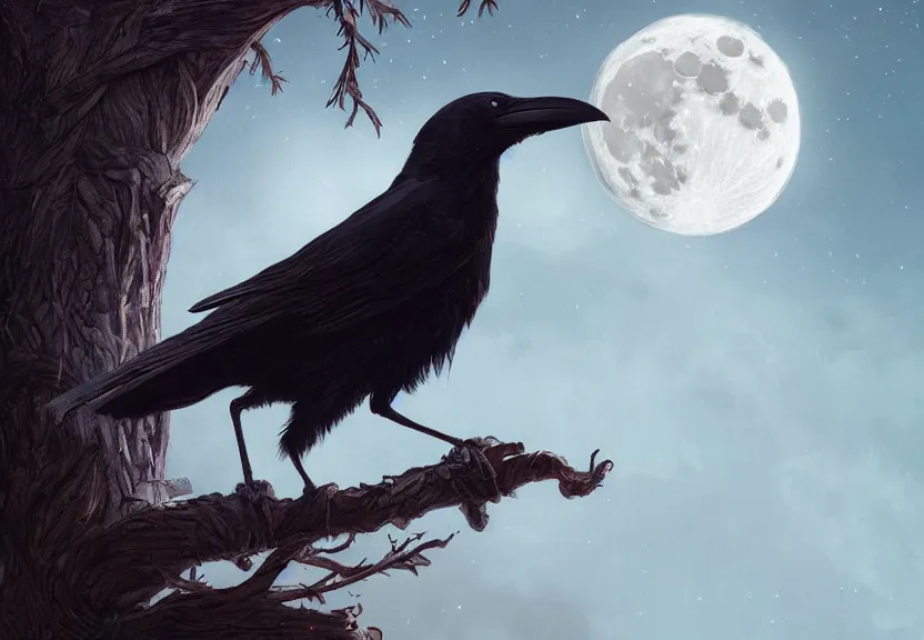 Image similar to crow on tree in front of the full big moon, highly detailed, digital painting, artstation, concept art, smooth, sharp focus, illustration, Unreal Engine 5, 8K, art by artgerm and greg rutkowski and alphonse mucha