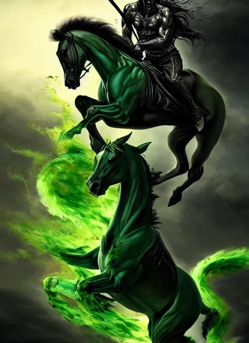 Image similar to the singular horseman of the apocalypse is riding a strong fierce ferocious rabid undead green stallion, horse is up on its hind legs, the strong male rider is death with a scithe, beautiful artwork by artgerm and rutkowski, breathtaking, dramatic