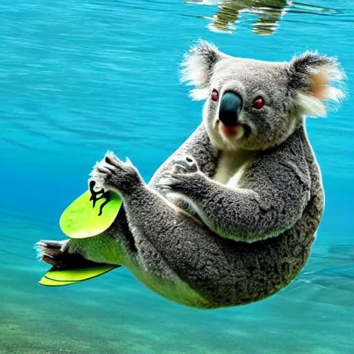 Prompt: koala swimming under water with his friend a frog