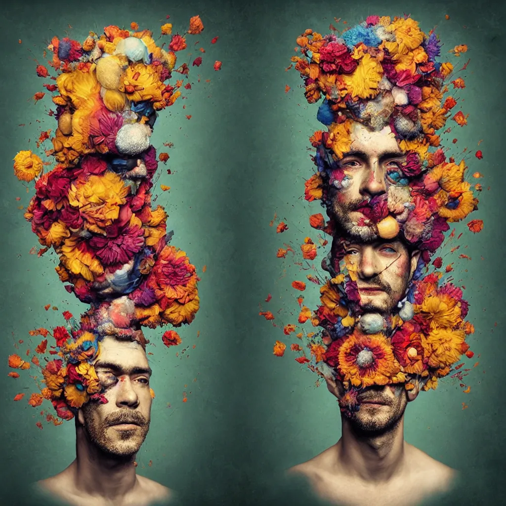 Image similar to an album cover of a man with a strange hat on his head by Alberto Seveso, behance contest winner, award winning, masterpiece, pop surrealism, made of flowers, surrealist-H 1024