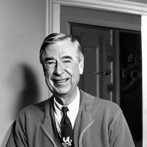 Image similar to mr. rogers wearing a cursed octopus as a hat, darkly lit horror photo