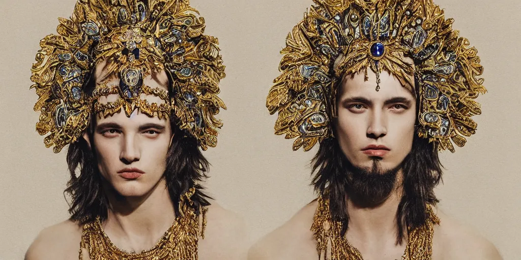 Image similar to dramatic studio portrait of a beautiful flawless symmetrical man wearing intricate otherworldly gold and white jewelry and wearing an ornate elegant gold headdress, hyper realism, very detailed