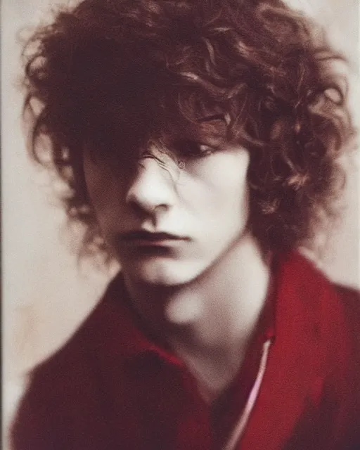 Image similar to an instant photo of a beautiful but sinister young man in layers of fear, with haunted eyes and curly hair, 1 9 7 0 s, seventies, delicate embellishments, a little blood, crimson, painterly, offset printing technique, mary jane ansell