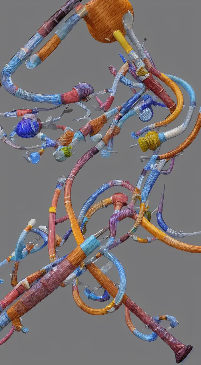 Image similar to a wind instrument with ceramic pipes shaped like a human oesophagus, in the style of a colour medical diagram, unreal engine , 8k,