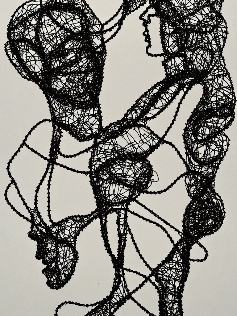 Image similar to original metal wire art about female facial features and body silhouette, dramatic vibe, unique, unusual shapes and curves, influenced by egon schiele