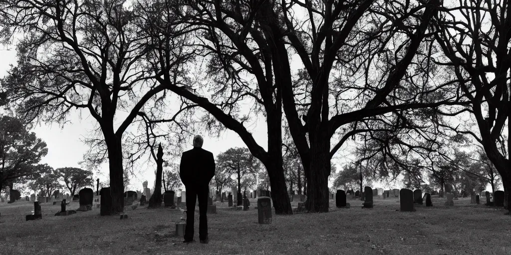 Prompt: Photo of a man in black near a tree in the cemetery looking into the distance