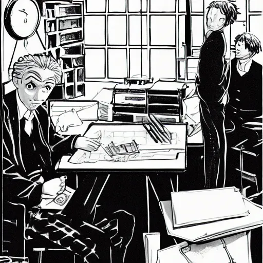 Image similar to inside the workshop with alan turing cracking the enigma with the help of albert einstein, anime!!!, manga style,