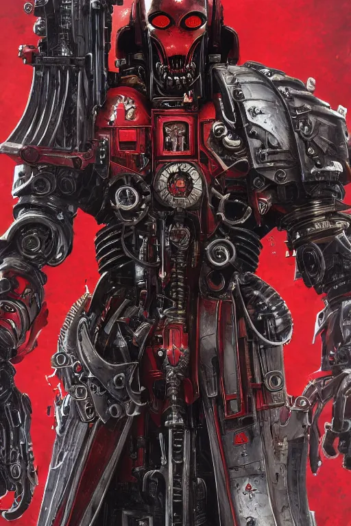 Image similar to portrait of adeptus mechanicus in red hood from Warhammer 40000. Highly detailed, artstation, illustration by Karl Kopinski and Adrian Smith and John Blanche
