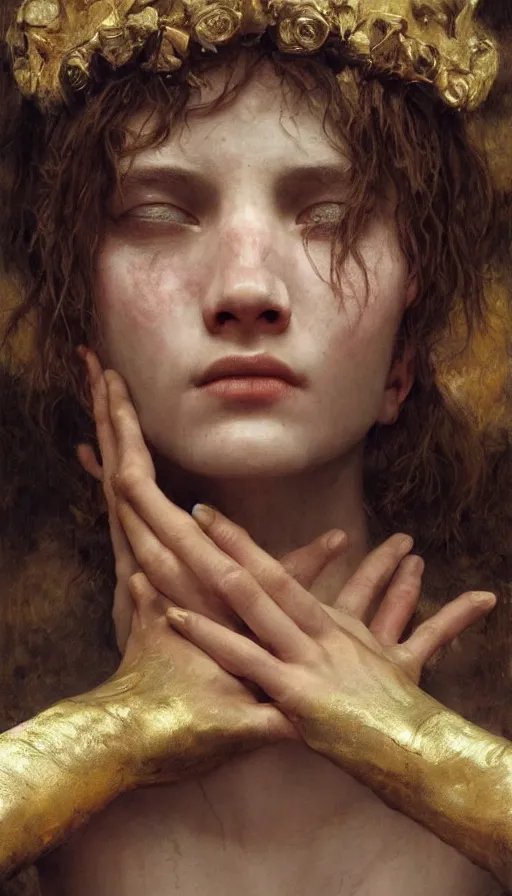 Prompt: epic masterpiece torment, drama, sweaty skin, hyperrealistic, octane render, cinematic, beautiful face and flawless skin, perfect hands, 5 fingers, gold by Edgar Maxence, Legends of Runeterra