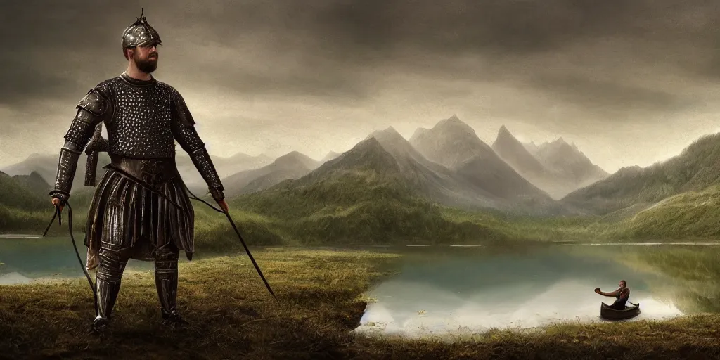 Image similar to beautiful landscape of small lake at midday with distant mountains and close - up of a symmetric detailed man in realistic detailed medieval armor facing off against a monster, ultra realistic, epic, highly detailed, hd, sharp focus, cinematic lighting, realistic, vivid colors, gritty, matt painting, digital art, non blurry, sharp, artstation, concept art, smooth, illustration