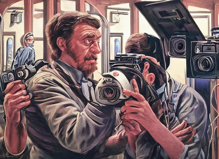 Prompt: cameras with eyes as lenses film a frightened couple embracing by Joe jusko and Stanley Kubrick, sci-fi, reimagined by industrial light and magic
