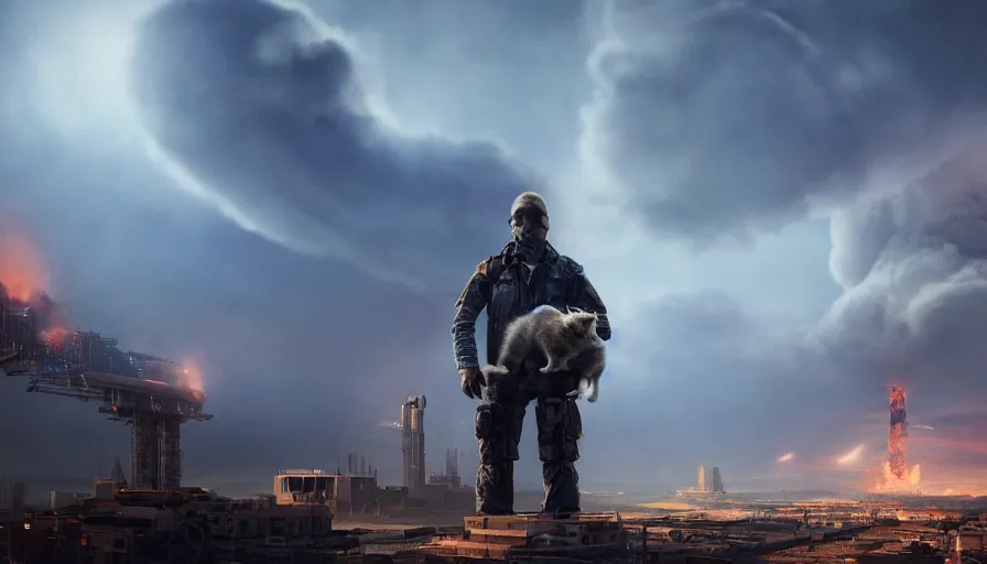 Prompt: a beautiful award-winning photo of a cyborg holding a small cat in his hands, serene post-nuclear background, a huge nuclear cloud, intricate details, numerous fires, volumetric lighting, haze, very high quality, extremely detailed, subtle visual noise, unreal engine 5, hyperrealistic, 8K