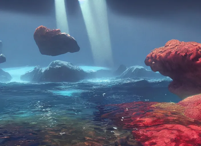 Prompt: an underwater landscape painted by, mc escher, gordon onslow ford, georgia o'keeffe and ippolito caffi, cinematic light, god rays, unreal engine, zbrush central,