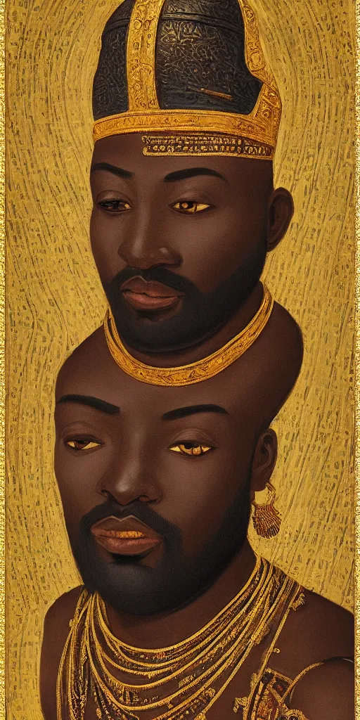 Image similar to a stunning and noble highly detailed romantic period style portrait of Mansa Musa by Josep Tapiró Baró, trending on artstation, oil painting masterpiece, symmetry, African iconography