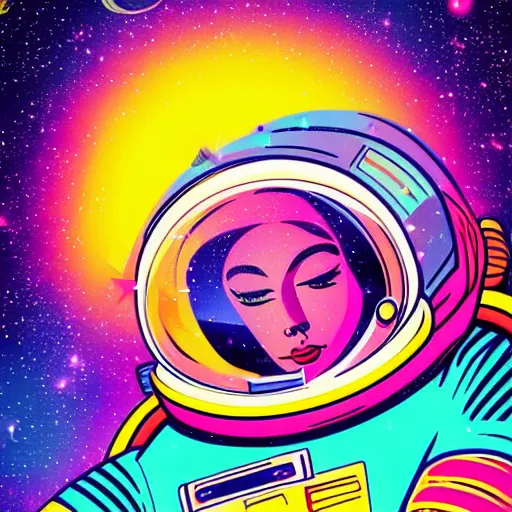 Image similar to Medium shot of an astronaut relaxing in space designed by Lisa Frank, digital art, cartoon art, acrylic, bokeh, synthwave, retro,