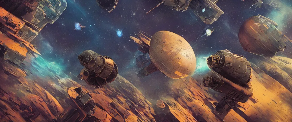 Image similar to tiny spaceship, deep space exploration!!!, flying, the expanse tv series, industrial design, the final frontier, illustrative!!, punk!!!, space pirate, hyperdetailed, hyperrealistic, utilitarian cargo ship, underexposed, cinematic lighting, 4k, wide angle, beksinski, (neon colors)