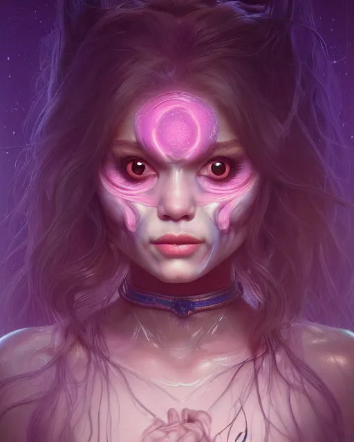 Image similar to portrait of a cute female racoon, bioluminescent, veins, horror, happy, highly detailed, digital painting, cinematic, hyperrealism, dark retrowave, art by stanley lau and artgerm and magali villeneuve and alphonse mucha, artstation, octane render, cgsociety