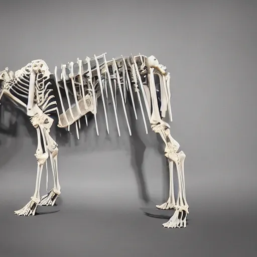 Image similar to complete unicorn skeleton in a museum, detailed photograph 8 0 mm long shot minimalist background