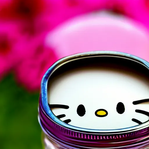 Prompt: hello kitty in a mason jar, 4 k, hyper realistic, dslr, high resolution, landscape, beautiful