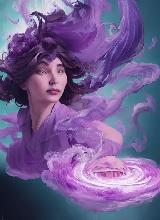 Prompt: madam mim, ugly! purple smoke aura in motion, floating pieces, painted art by tsuyoshi nagano, greg rutkowski, artgerm, alphonse mucha, spike painting