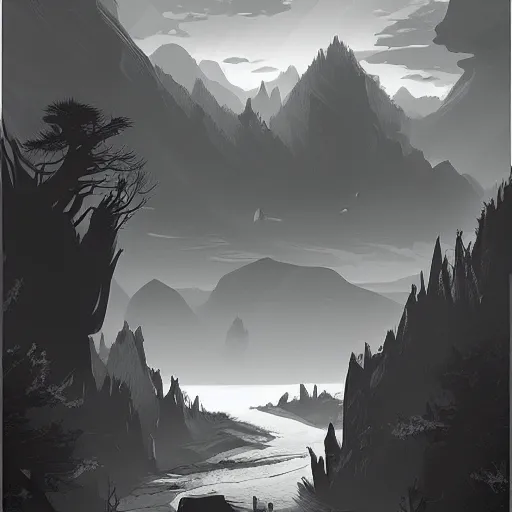 Image similar to fantasy landscape, vector art by greg rutkowski, b & w