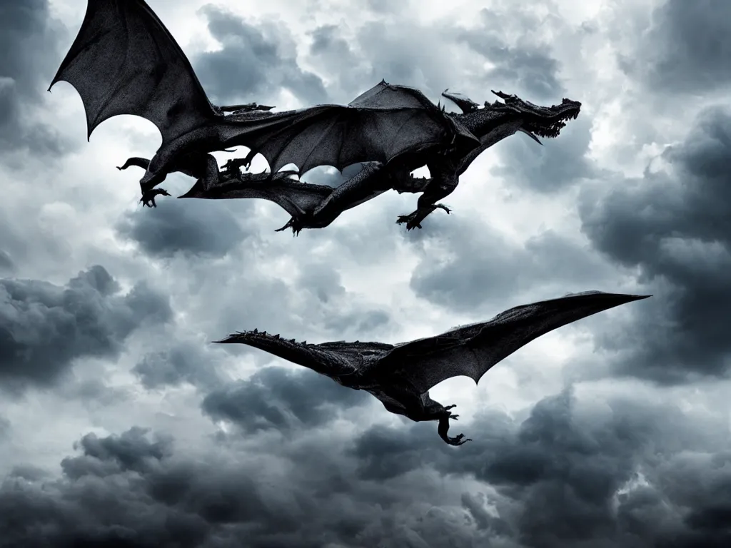 Prompt: epic cinematic shot of dragon flying through stormy clouds