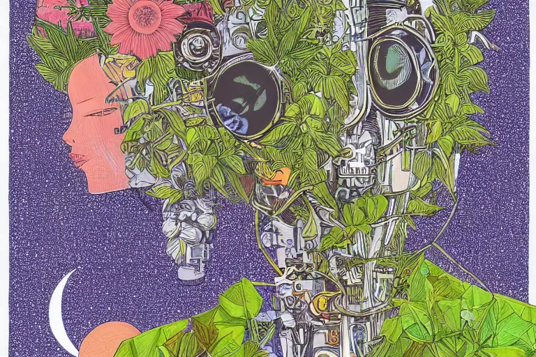 Prompt: gigantic robot - girl head floating in the space, a lot of exotic plants, trees, flowers, oldschool vintage sci - fi flat surreal grainy design, super - detailed, drawing by howard arkley, hd, 4 k, high quality