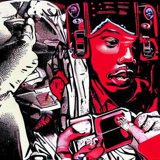 Image similar to Illustrated by Shepard Fairey and Moebius | Cyberpunk Tupac Shakur with VR helmet, surrounded by cables