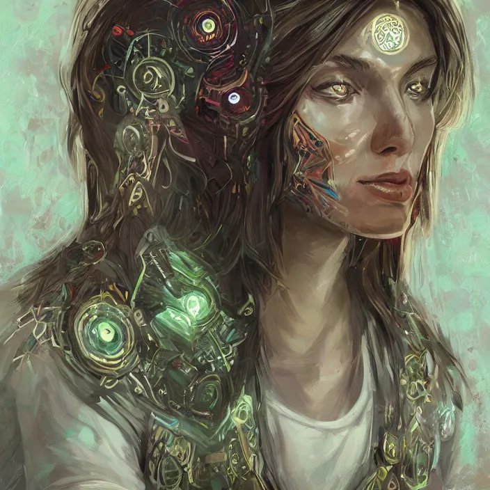 Image similar to portrait of a future metaverse ayahuasca tech shaman warrior, 2 d cartoon, visionary art, symmetric, magick symbols, holy halo, shipibo patterns, sci - fi, concept art, trending on art station, 8 k digital art, by mandy jurgens, fantasy portrait art, anime