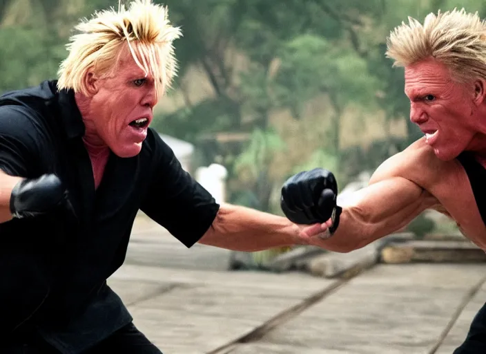 Image similar to film still of Gary Busey fighting Ninjas in the new Bloodsport movie, 8k