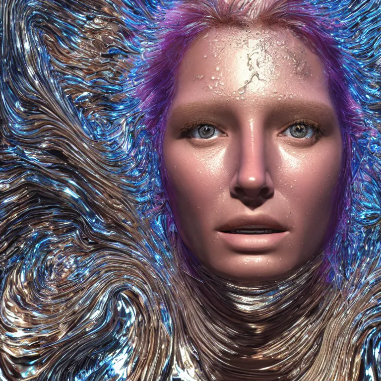 Prompt: octane render portrait by wayne barlow and carlo crivelli and glenn fabry, the face of a beautiful woman surrounded by waves of tie - dye colored shiny reflective liquid metal, cinema 4 d, ray traced lighting, very short depth of field, bokeh