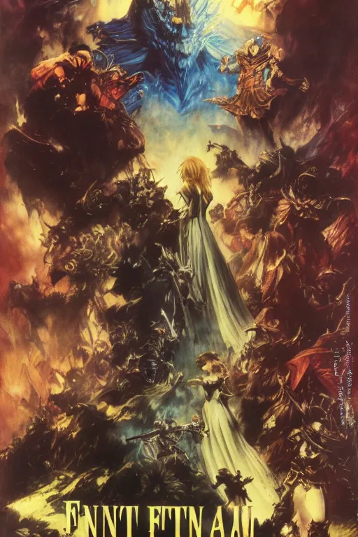 Prompt: Movie poster of Final Fantasy 6, Highly Detailed, Dramatic, A master piece of storytelling, by frank frazetta, ilya repin, 8k, hd, high resolution print