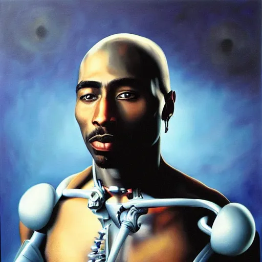 Image similar to a realistic oil painting of tupac shakur as a cybernetic cyborg, surrealism portrait, surrealism album cover