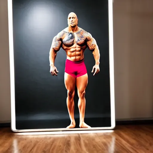 Image similar to Full-Body Portrait of Dwayne Johnson malnourished in front of a Ballet mirror, 4K quality, super-realistic