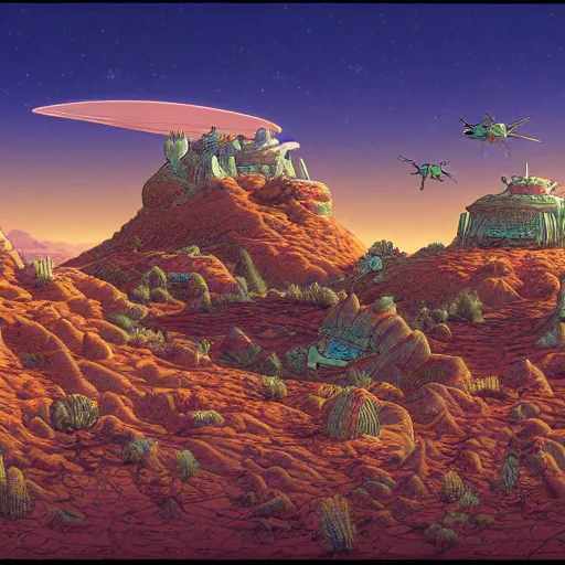 Prompt: porcelain fort, alien desert, multiple suns, lush desert flora, some riders off in the distance, wide angle, late afternoon, 4 k, illustrated by moebius, highly highly highly detailed, saturated