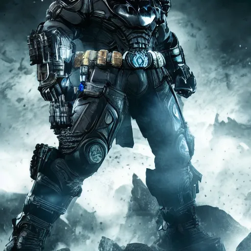 Image similar to 'Albert Einstein'! as Batman in Gears of War, splash art, movie still, detailed face, cinematic lighting, dramatic, octane render, long lens, shallow depth of field, bokeh, anamorphic lens flare, 8k, hyper detailed, 35mm film grain