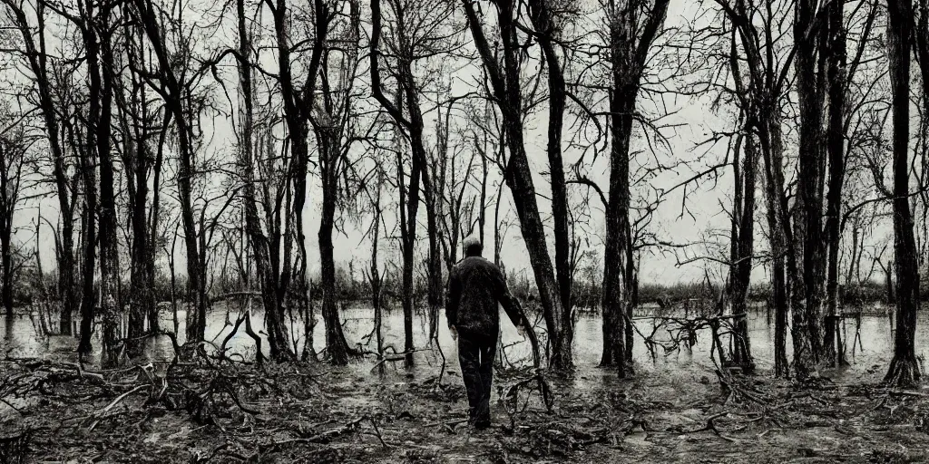 Prompt: man walking on a swampy landscape with withered trees, high detail, dark sky background