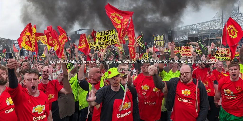 Prompt: # glazersout protests outside old trafford theatre of dreams against the glazers, # glazersout, chaos, protest, banners, placards, burning, pure evil, 8 k, by stephen king, wide angle lens, 1 6 - 3 5 mm, symmetry, cinematic lighting