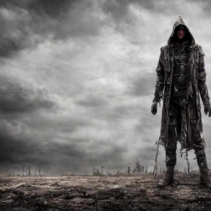 Image similar to hooded apocalyptic man standing in wasteland, hyper - detailed, smooth, sharp focus, 4 k ultra hd, fantasy dark art, apocalyptic art