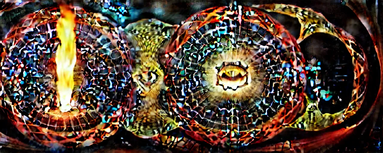 Image similar to epic tunnel, ego - self axis lit by fire torches, with a strange creature with endearing eyes reverberating a unique canto'as above so below'while being ignited by the spirit of haeckel and robert fludd, glory to soul, in honor of saturn, painted by ronny khalil