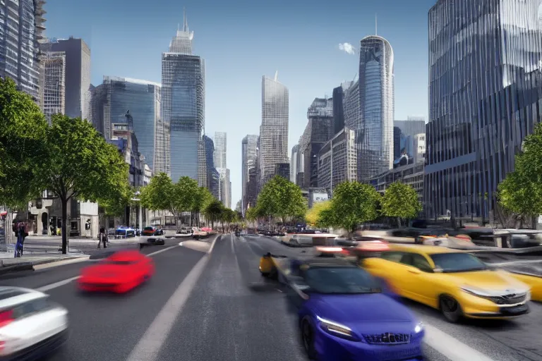 Prompt: street view of a city in 2020, cars and traffic