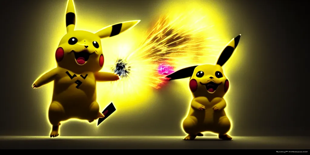 Image similar to hyperrealistic mixed media painting of Pikachu electrocuting a neo nazi, stunning 3d render inspired art by P. Craig Russell and Barry Windsor-Smith + dim volumetric lighting, dizzy, full body, 8k octane beautifully detailed render, post-processing, extremely hyperdetailed, intricate, epic composition, grim yet sparkling atmosphere, cinematic lighting + masterpiece, trending on artstation, very very detailed, masterpiece, stunning