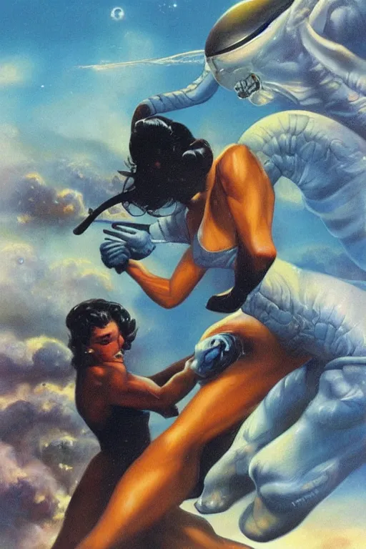 Image similar to Boris Vallejo art of a beautiful female cosmonaut fighting an alien.