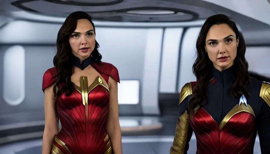 Image similar to Gal Gadot, wearing command red, is the captain of the starship Enterprise in the new Star Trek movie