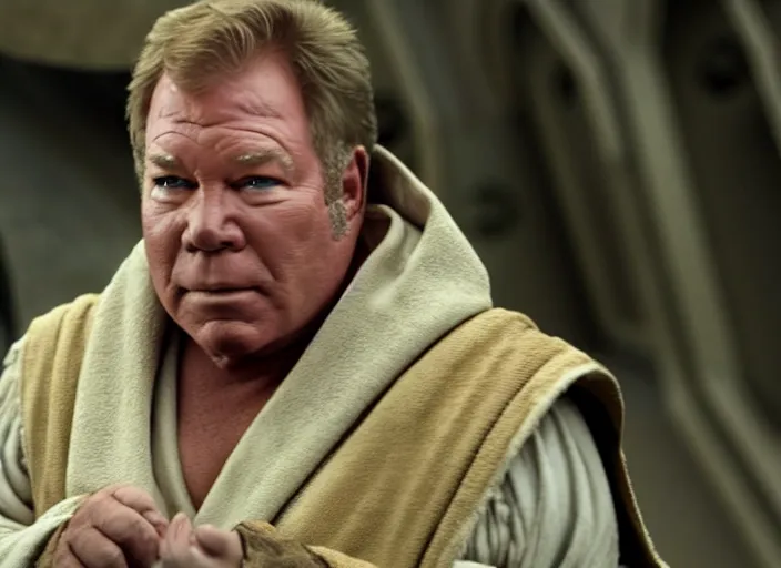 Image similar to william shatner as luke skywalker, bearded and wearing a robe, in star wars : the force awakens ( 2 0 1 5 ). movie still