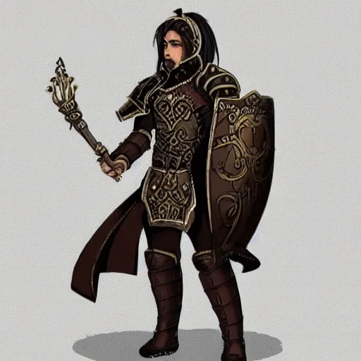 Image similar to character design for a fantasy character named Regulon. Regulon is 32 years old with medium length brown hair and wearing ornate armor. He is a mastermind behind a rebellion