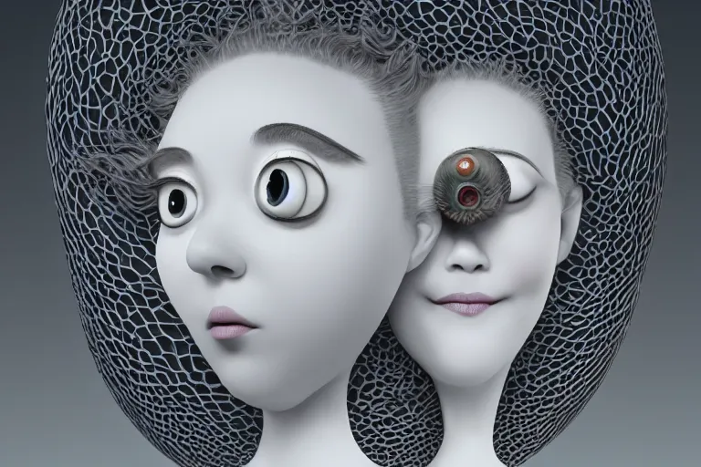 Prompt: 3 d full head and shoulders beautiful white porcelain woman with big eyeballs all through her hair, ornate detailed hair, 3 d swirling hair by theodor seuss geisel and daniel arsham and xiang duan, simon stalenhag john waters, dr seuss kim jung gi, on a white background