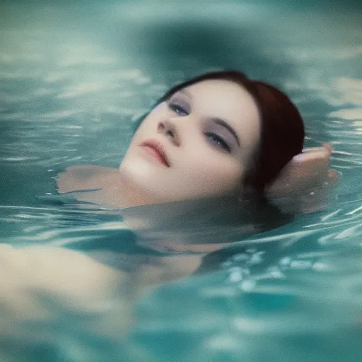 Image similar to pale face lying under the water, water lilys, cinematic, shallow depth of field, atmospheric, ultra high detail, somber colors, close up of face, trending on artstation