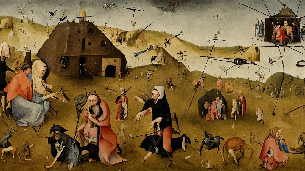 Prompt: a drone attack to innocent villager, in the fashion of Hieronymus Bosch, oil on canvas, painting, 4k, wide shot